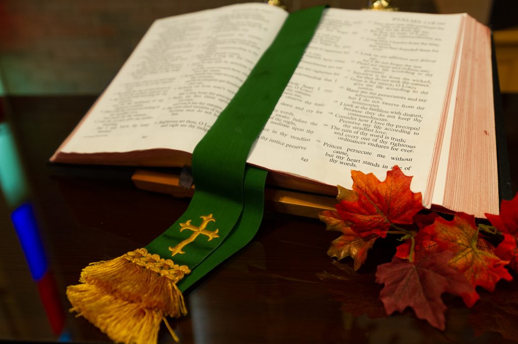 Bible with green bookmark